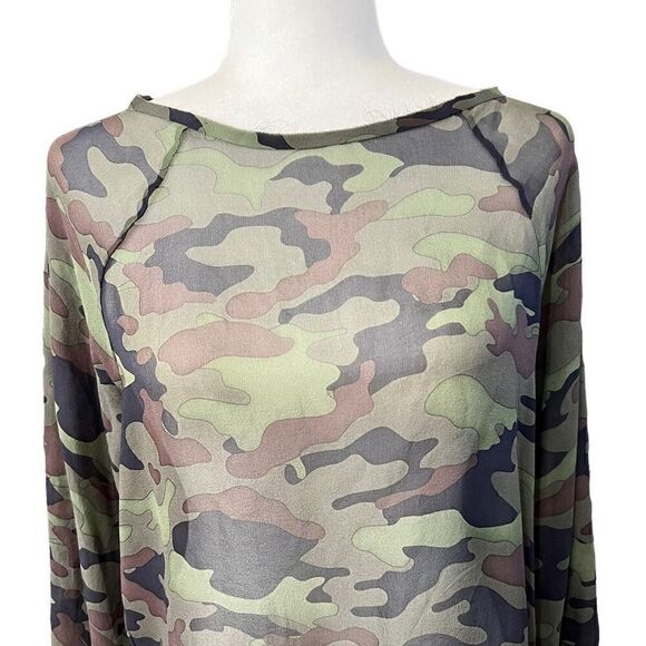 Nili Lotan** Green & Brown XSmall Camouflage Silk Long-Sleeve T-Shirt - Picture 2 of 12